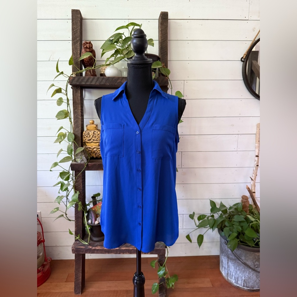 Express: Blue Sleeveless Button-Up Blouse with Cold Shoulder Back - Picture 17 of 17